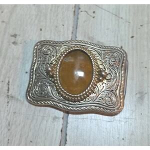 Vtg Brown Natural Stone Western Belt Buckle Etched USA Made Cowgirl Ornate